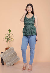 Women's Cotton Printed Sleeveless Short Flared Anarkali Top (Green-M)