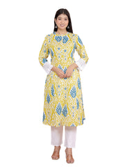 Women's Cotton  Printed Mandarin Collar A-Line Kurti with Pant (Lemon)