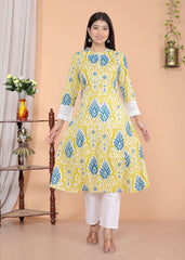 Women's Cotton  Printed Mandarin Collar A-Line Kurti with Pant (Lemon)