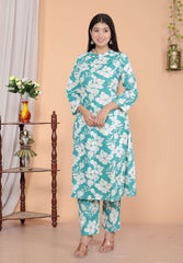 SHITAL CRAFTS Women's Cotton Floral Printed Mandarin Collar A-Line Kurti with Pant (Sky Blue)