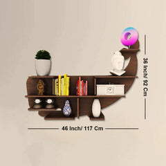 Whale Backlit Designer Wooden Wall Shelf / Book Shelf / Night Light, Walnut Finish