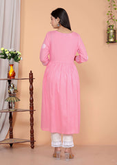 SHITAL CRAFTS Women's Rayon Embroidered vcut Collar Anarkali Kurti with Pant (Pink)