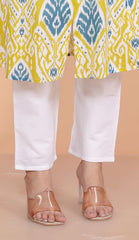 Women's Cotton  Printed Mandarin Collar A-Line Kurti with Pant (Lemon)