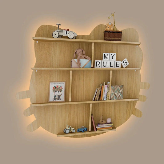 Cat Shape Backlit Designer Wooden Wall Shelf / Book Shelf / Night Light, Oak Finish