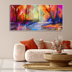 Colorful Autumn Trees Semi Abstract Forest with Lake Canvas Wall Painting