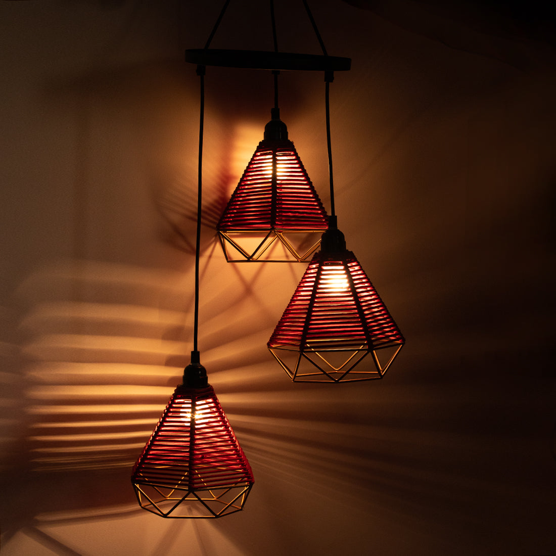 Cotton Elegance' Handwoven Adjustable Chandelier With Hanging Lamp Shades In Cotton Rope & Iron (3 Shades | 71.1 cm)