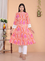 Women's Cotton Printed Mandarin Collar A-Line Kurti with Pant (Orange)