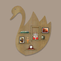 Designer Swan Shape Backlit Wooden LED Light Wall Shelf with Oak Finish