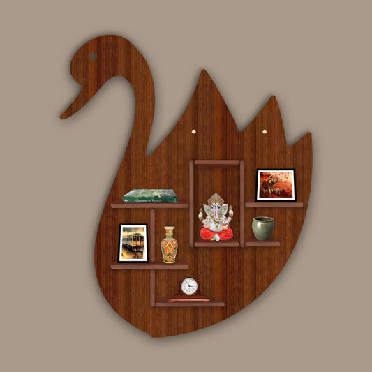Designer Swan Shape Backlit Wooden LED Light Wall Shelf with Walnut Finish