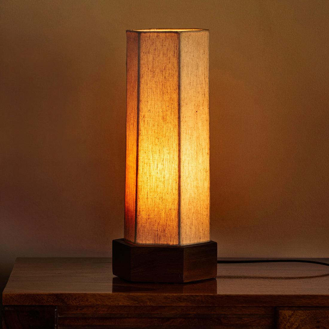 'Silent Shine' Hexagon Table Lamp In Mango Wood (33.5 Cm, Without Bulb, Handcrafted)