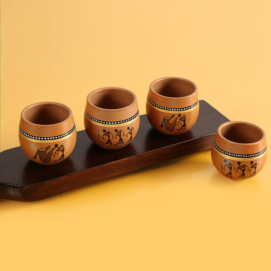 'New-Old World Charms' Warli Hand-Painted Kulhads In Terracotta  (Set Of 4)