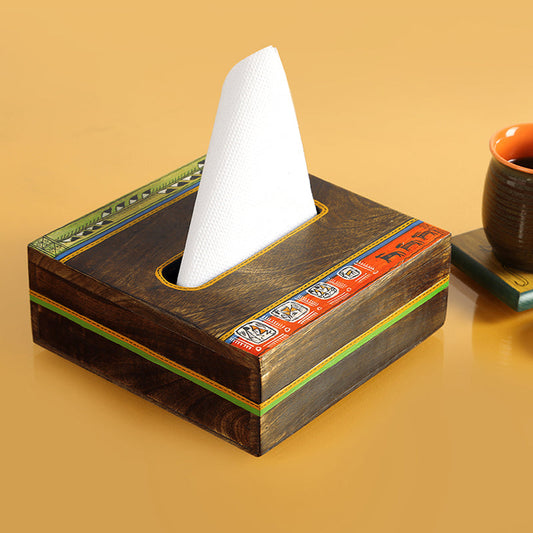 'Woody Hues' Warli Hand-Painted Napkin Holder