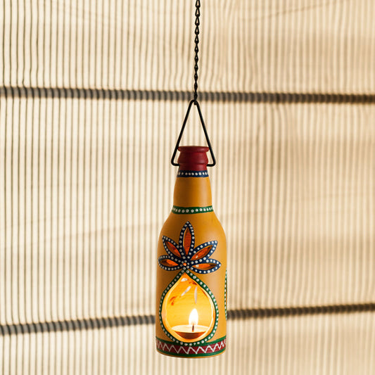Terracotta Handpainted Bottle Shaped Hanging Cum Table Tea Light Holder