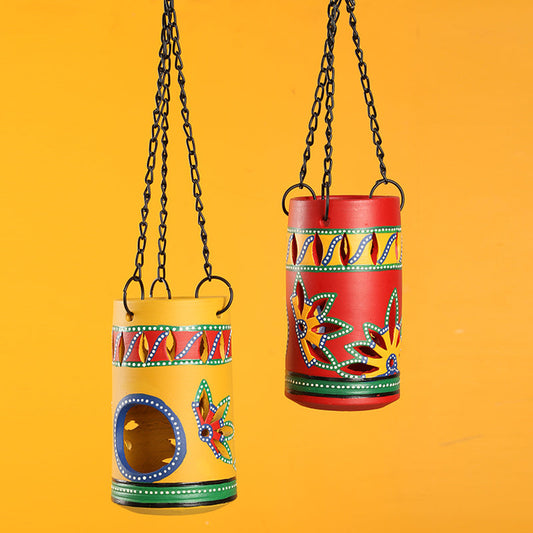 'Two-Dabbas Of Light' Terracotta Hanging Tea-Light Holders (Set Of 2)