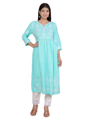 Women's Rayon Embroidered vcut Collar Anarkali Kurti with Pant (Pink)