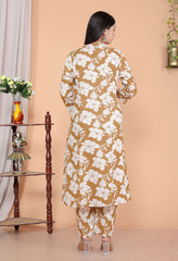 Women's Cotton Floral Printed Mandarin Collar A-Line Kurti with Pant (Brown)