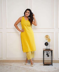 Women's Cotton Printed Sleeveless Straight Kurti With Pant Set (Yellow-)