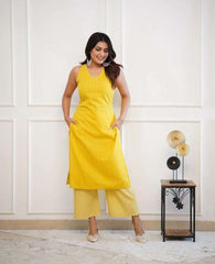 Women's Cotton Printed Sleeveless Straight Kurti With Pant Set (Yellow-)