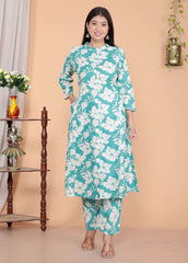 SHITAL CRAFTS Women's Cotton Floral Printed Mandarin Collar A-Line Kurti with Pant (Sky Blue)