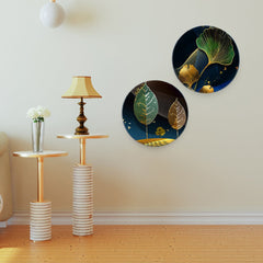 Modern Abstract Golden Leaf Art Premium Wall Hanging Plates of Two Pieces