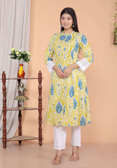 Women's Cotton  Printed Mandarin Collar A-Line Kurti with Pant (Lemon)