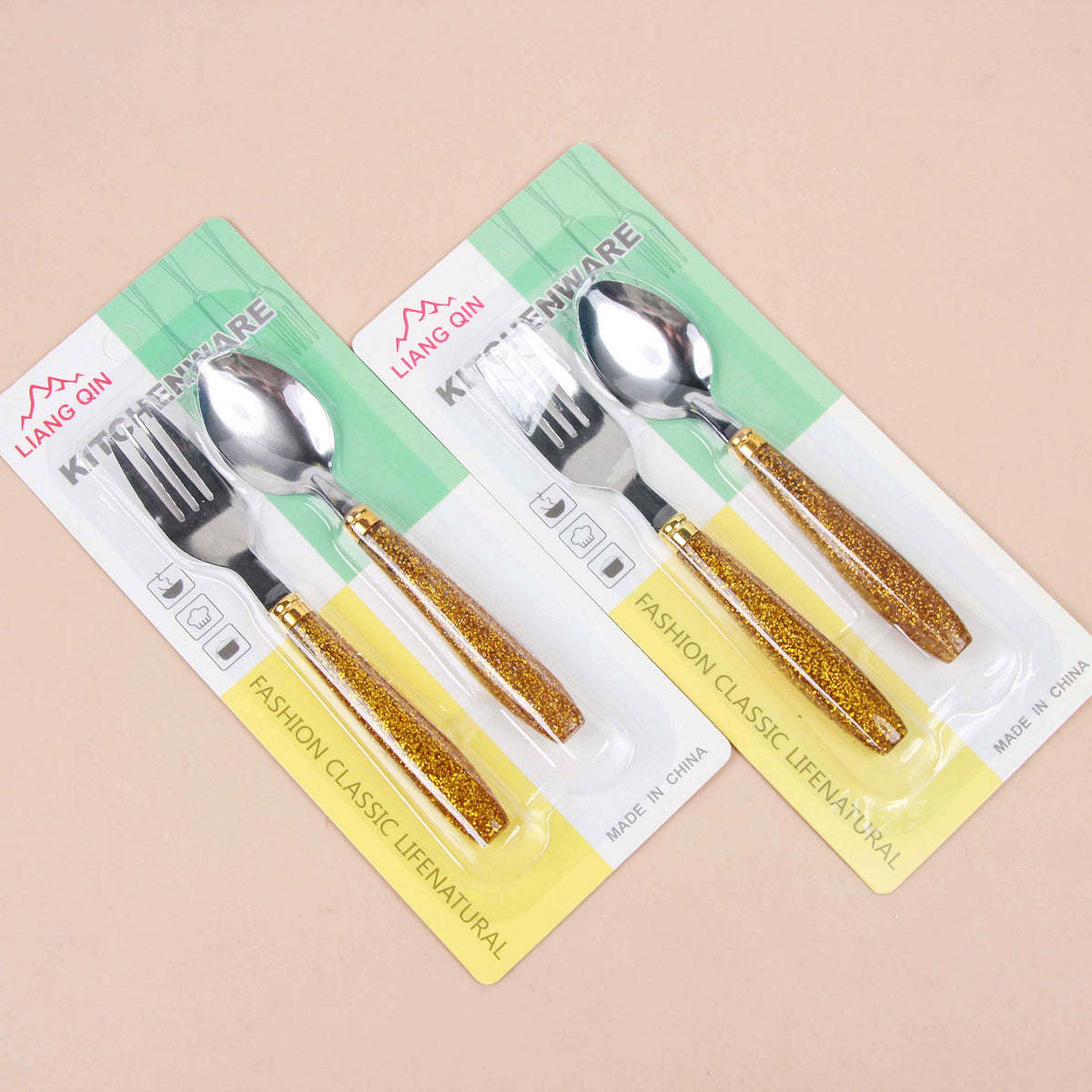 Spoon & Fork Set with Golden Handle - 1 Set
