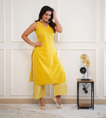 Women's Cotton Printed Sleeveless Straight Kurti With Pant Set (Yellow-)