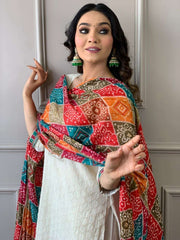 Women's Cotton Chikankari Print Straight Kurti with Pant andMulmul Dupatta Set