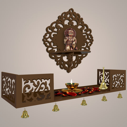 Aesthetic Designer  Wall Hanging Wooden Temple/ Pooja Mandir Design with Shelf, Brown Color