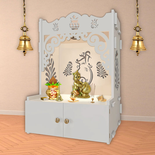 Beautiful Design of Shri Ganesh Floor Temple with Spacious Wooden Shelf & Inbuilt Focus Light- White Finish