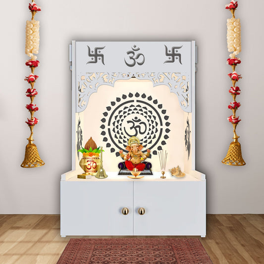Designer Om Chakra Floor Temple with Spacious Wooden Shelf & Inbuilt Focus Light- White Finish