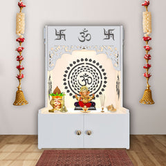 Designer Om Chakra Floor Temple with Spacious Wooden Shelf & Inbuilt Focus Light- White Finish