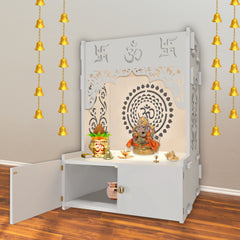 Designer Om Chakra Floor Temple with Spacious Wooden Shelf & Inbuilt Focus Light- White Finish