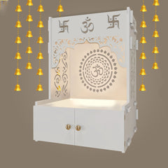 Designer Om Chakra White Wood Temple with Inbuilt Focus Light & Spacious Shelf