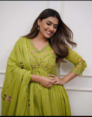 Women's Cotton Embroidered Long Anarkali Kurti With Pant and Dupatta Set (Mehendi Green-L)