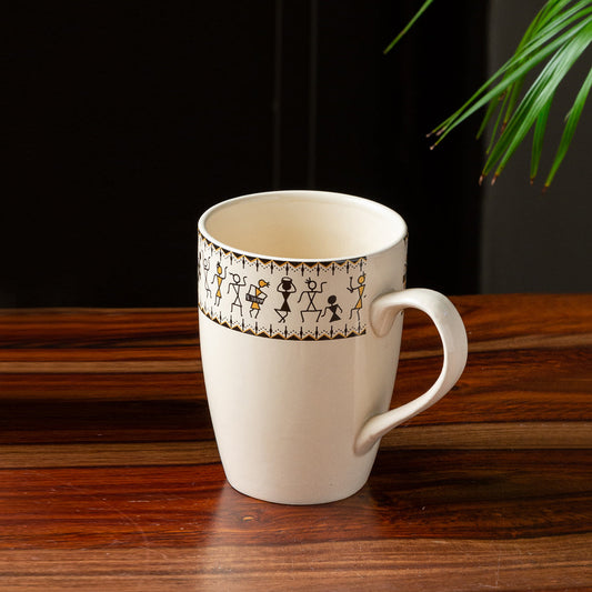 'Whispers of Warli' Handcrafted Ceramic Tea & Coffee Mug (300 ML, Microwave Safe)