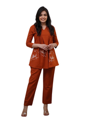 Women's Cotton Embroidered Co-ord Set 2 Piece Top Bottom Set (Orange-)