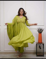 Women's Cotton Embroidered Long Anarkali Kurti With Pant and Dupatta Set (Mehendi Green-L)