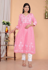 SHITAL CRAFTS Women's Rayon Embroidered vcut Collar Anarkali Kurti with Pant (Pink)